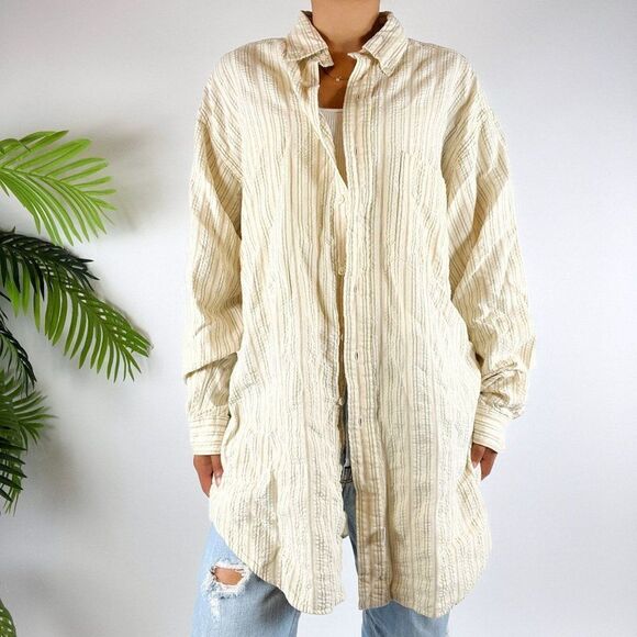 Vintage Y2K Ralph Lauren Cream Coastal Oversized Striped Button Up Shirt / Sz: L - Picture 4 of 6